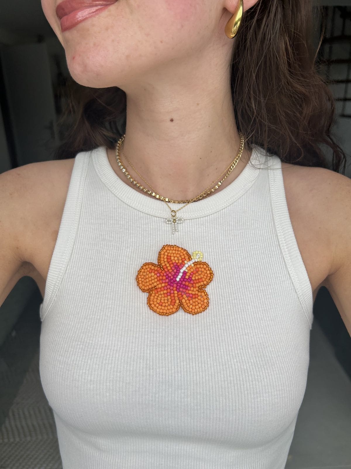 Beaded Hibiscus Flower Brooch