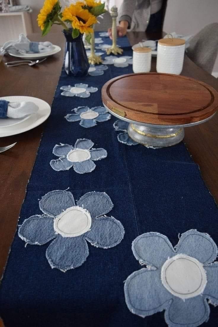 Upcycled Denim Flower Table Runner