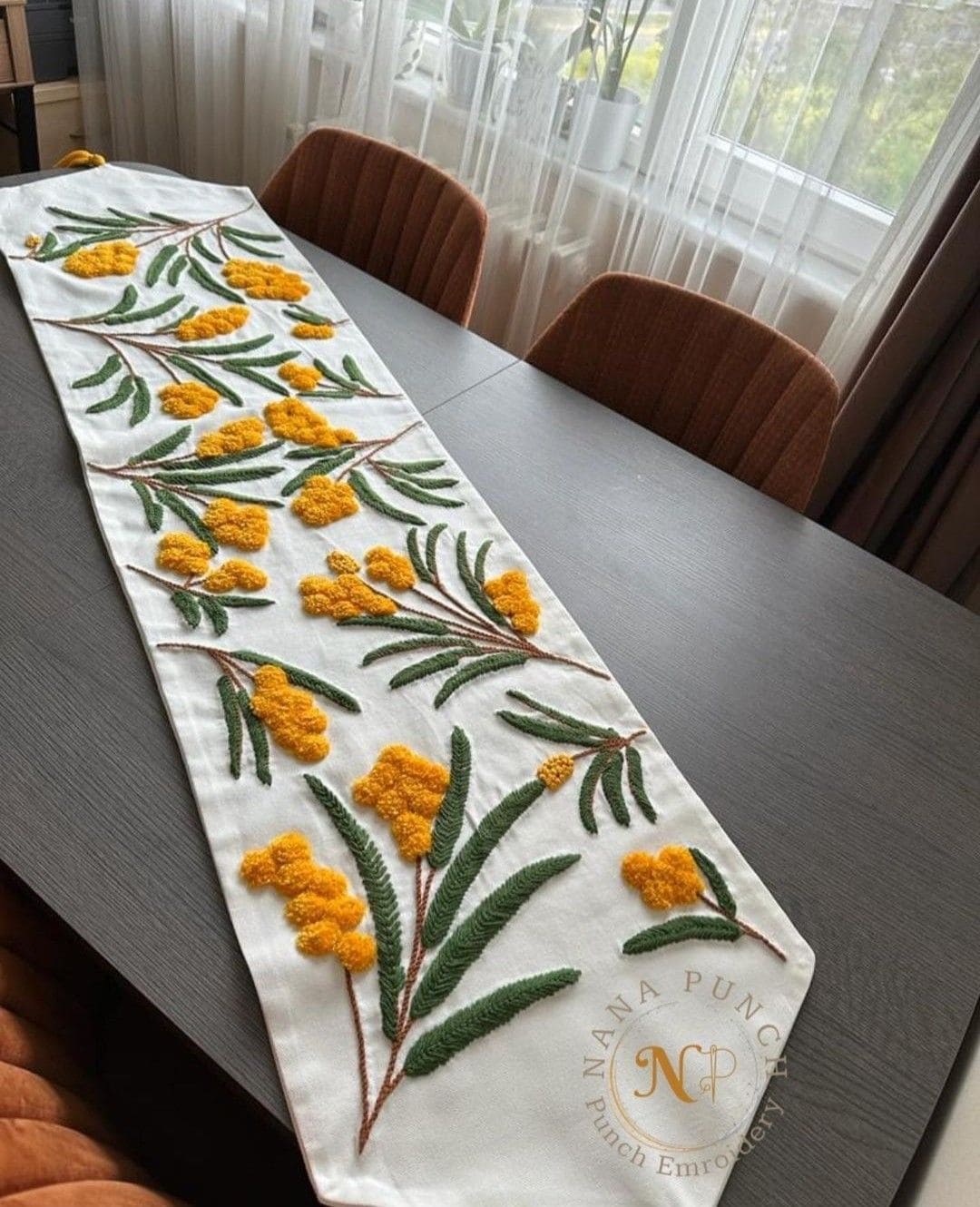 Vibrant Mimosa Embroidered Table Runner