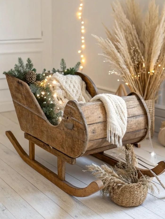 Cozy Vintage Wooden Christmas Sleigh