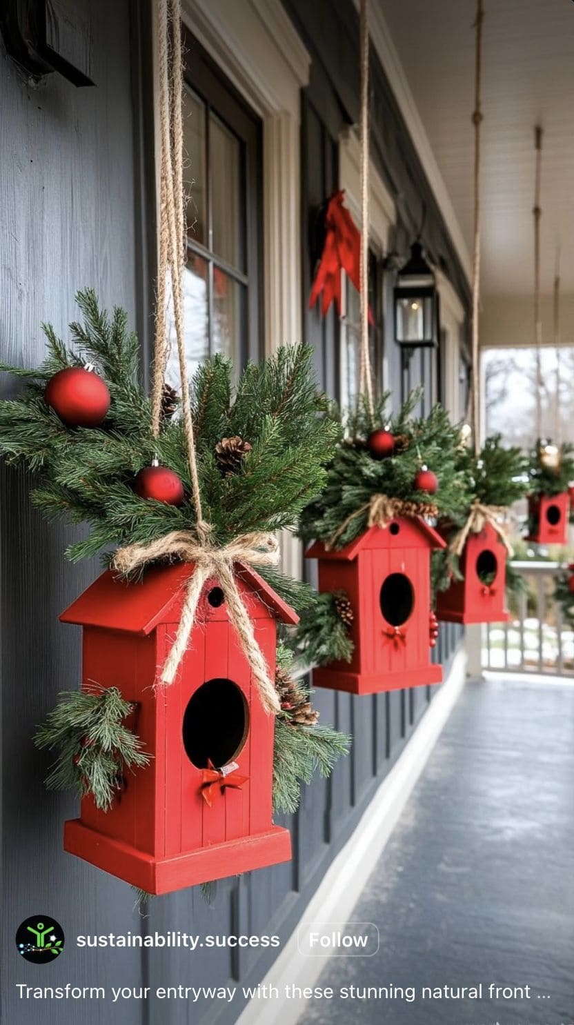 Festive Red Wooden Christmas Birdhouses